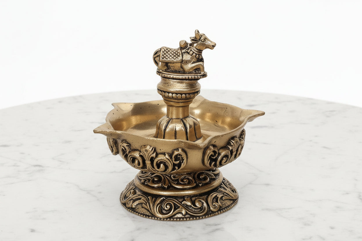 Brass Nandi Panch Deepak – Handmade Antique Pooja Lamp, 1 piece