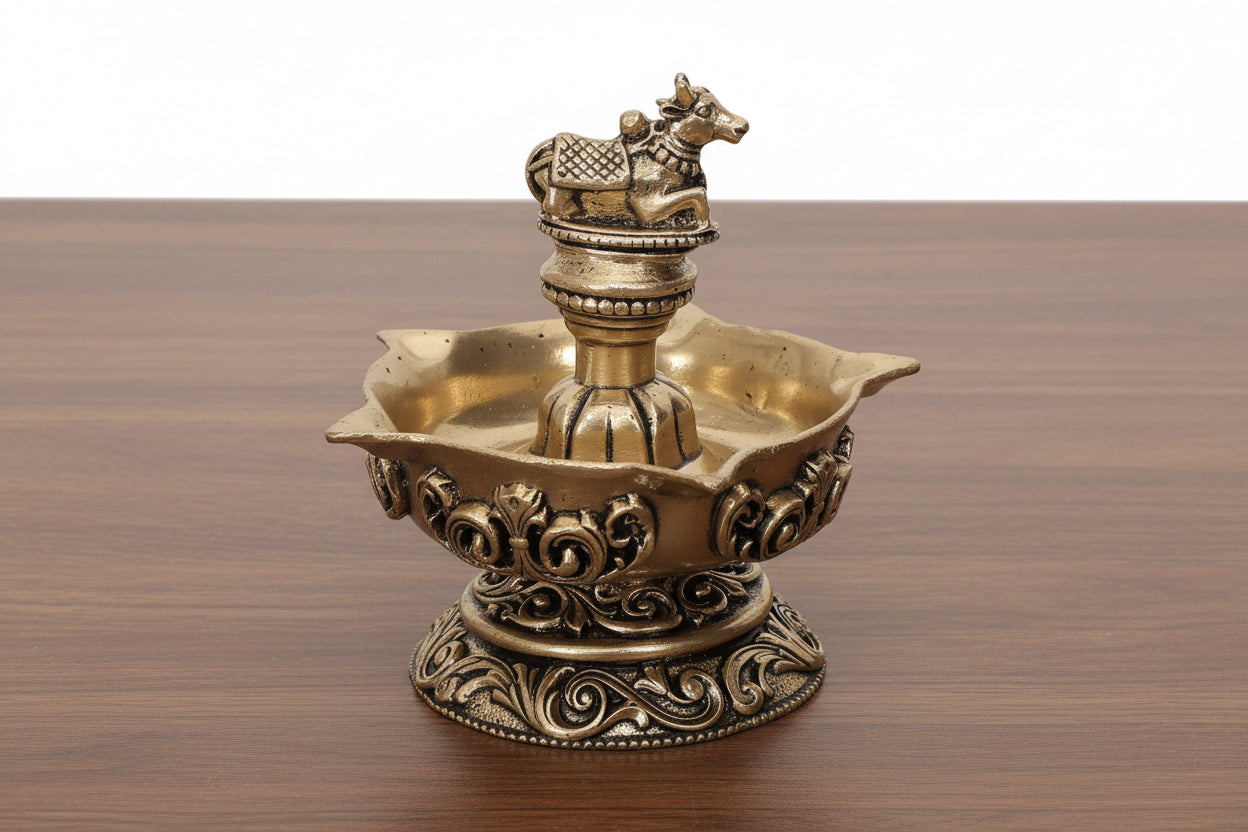 Brass Nandi Panch Deepak pair – Handmade Antique Pooja Lamp