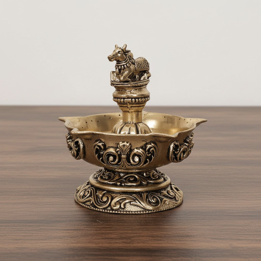 Brass Nandi Panch Deepak – Handmade Antique Pooja Lamp, 1 piece