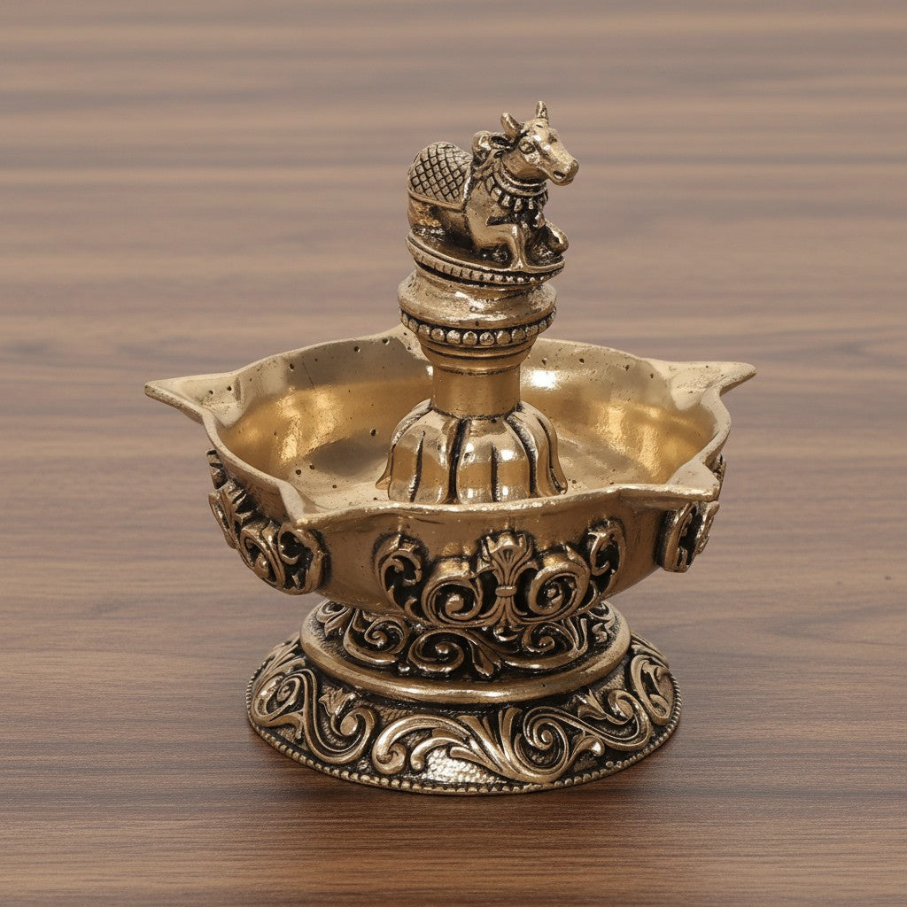 Brass Nandi Panch Deepak – Handmade Antique Pooja Lamp, 1 piece