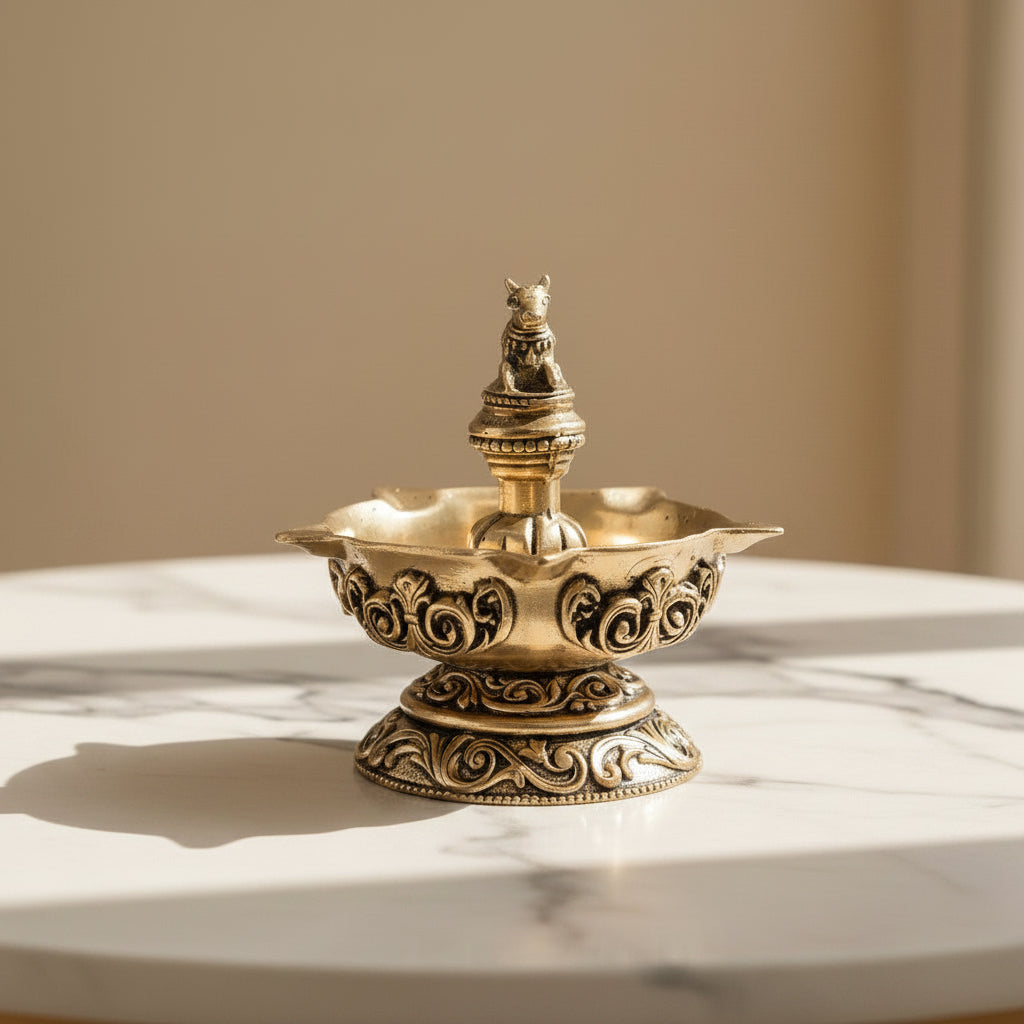 Brass Nandi Panch Deepak – Handmade Antique Pooja Lamp, 1 piece