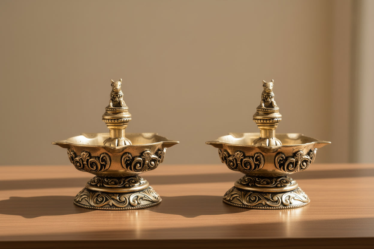 Brass Nandi Panch Deepak pair – Handmade Antique Pooja Lamp