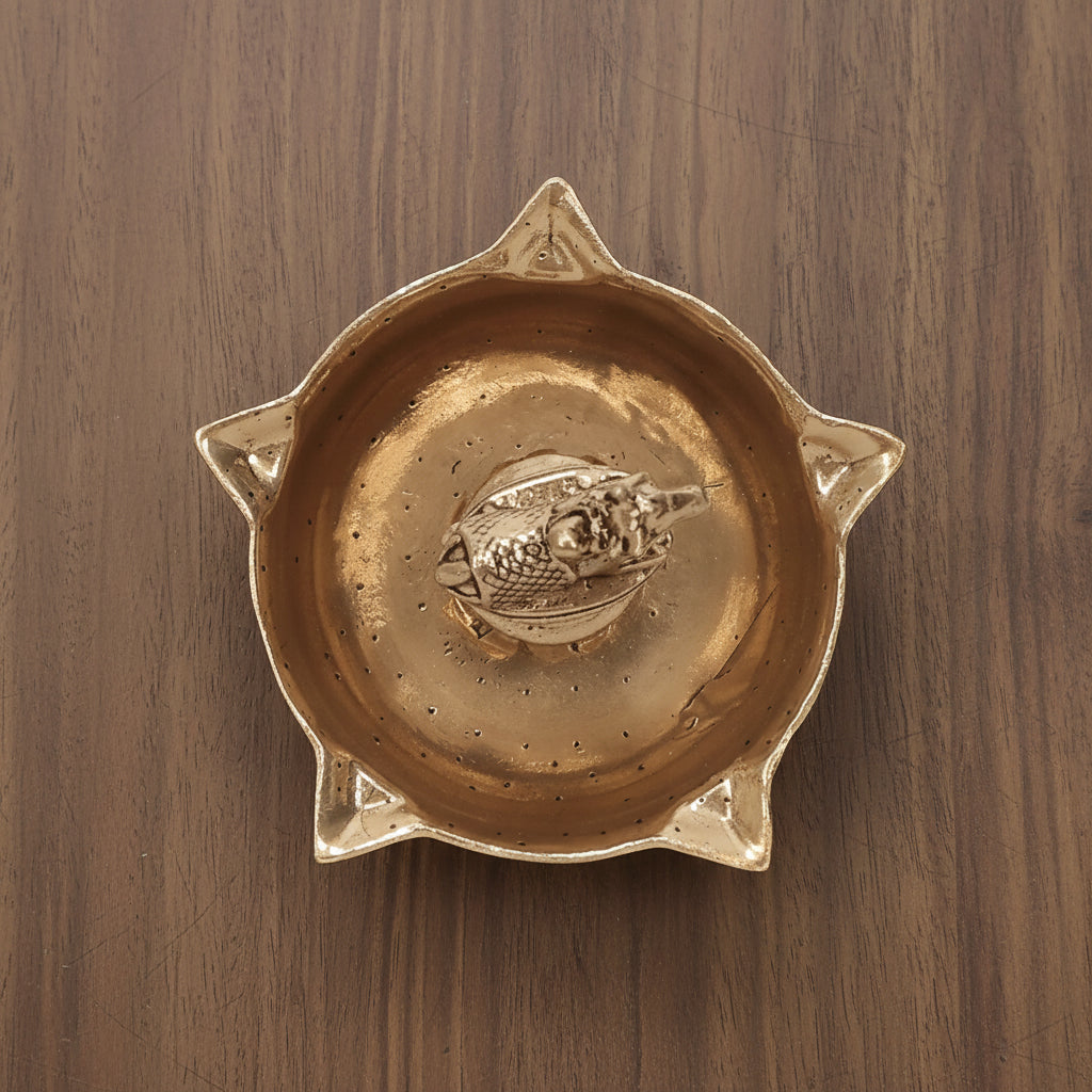 Brass Nandi Panch Deepak pair – Handmade Antique Pooja Lamp