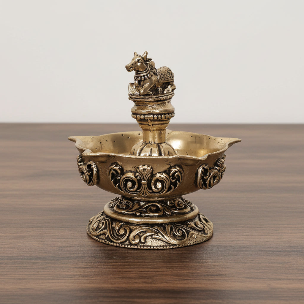 Brass Nandi Panch Deepak pair – Handmade Antique Pooja Lamp