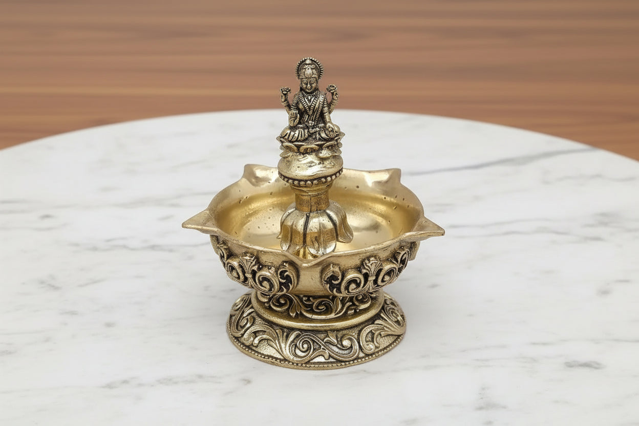 Brass Lakshmi Diya – Handmade Antique Pooja Lamp (1 Piece)