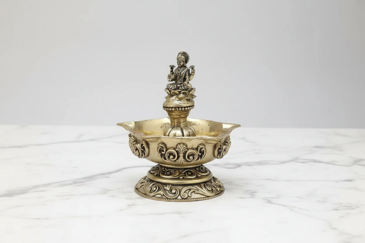 Brass Lakshmi Diya – Handmade Antique Pooja Lamp (1 Piece)