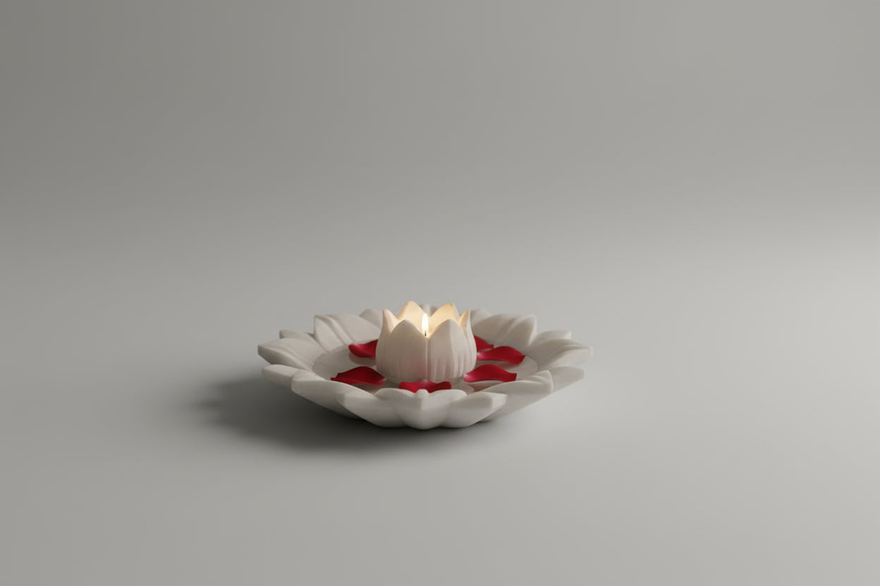 Marble Lotus Urli with lotus Tea Light – Handcrafted Home Décor Bowl