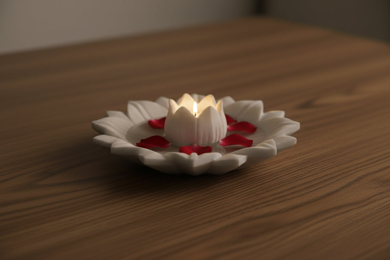 Marble Lotus Urli with lotus Tea Light – Handcrafted Home Décor Bowl