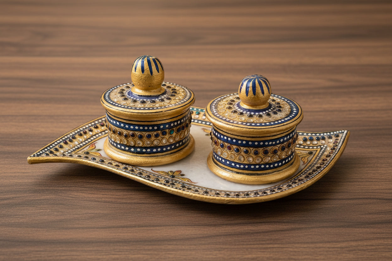 Marble Dry Fruit Platter with Meenakari Work – Handcrafted Serving Tray & Home Décor