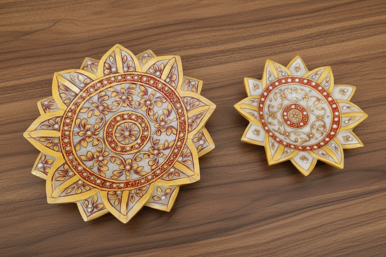 Marble Lotus Urli Set of 2 – Colorful Handcrafted Home Décor Bowls