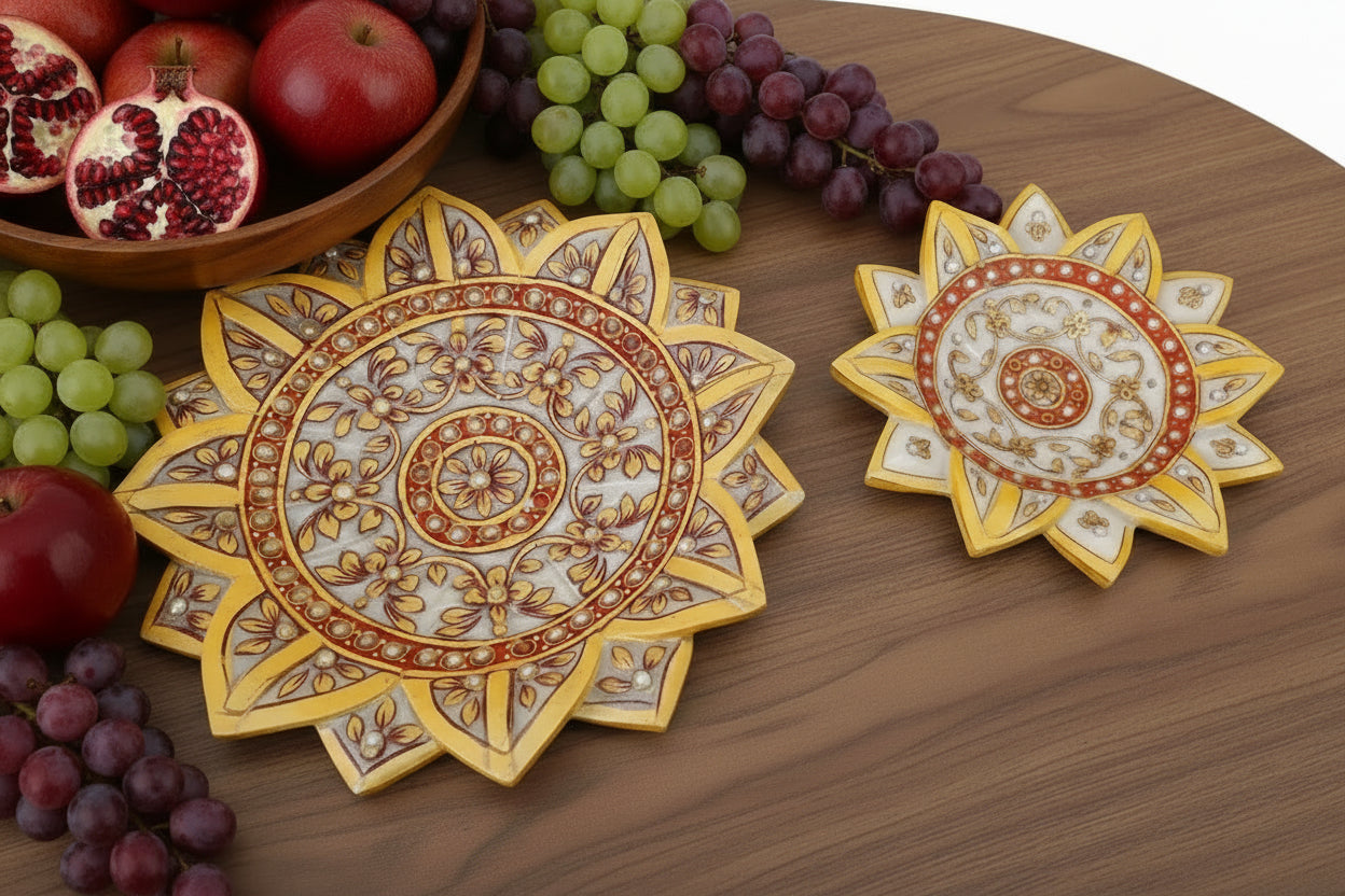 Marble Lotus Urli Set of 2 – Colorful Handcrafted Home Décor Bowls
