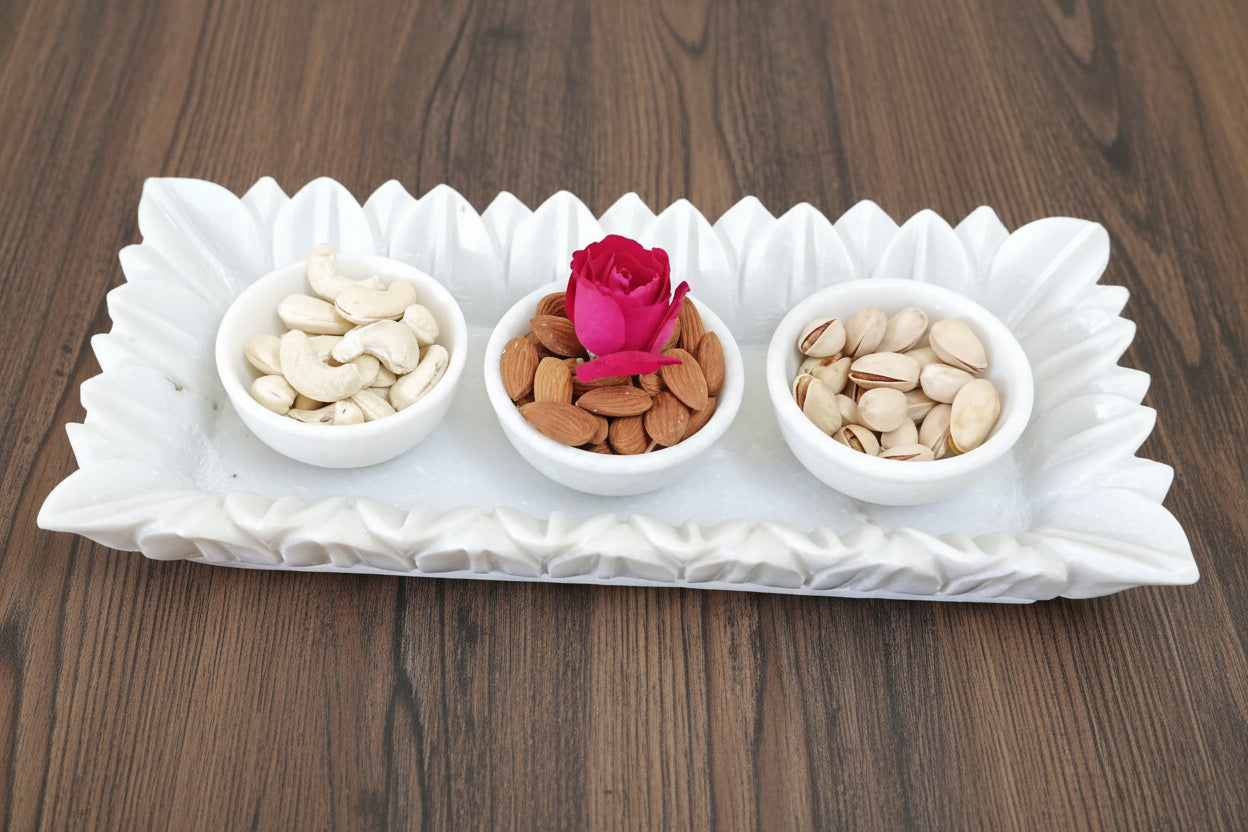 Elegant Marble Rectangle Urli with 3 Snack Bowls – Spiritual & Functional Décor