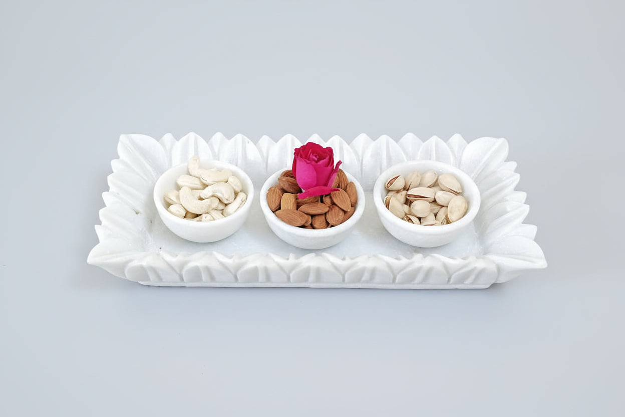 Elegant Marble Rectangle Urli with 3 Snack Bowls – Spiritual & Functional Décor