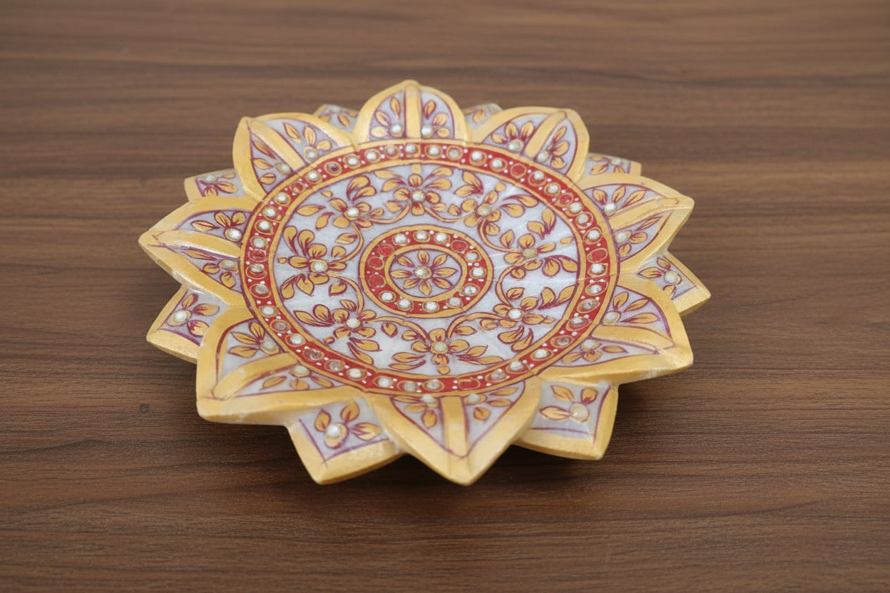 Marble Urli Bowl with Meenakari & Stone Work – Traditional Décor & Serving Piece, 9"