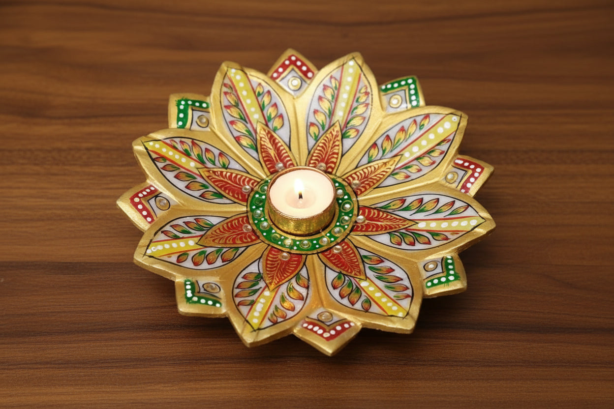 Marble Urli with Meenakari & Stone Work – Traditional Décor & Serving plate