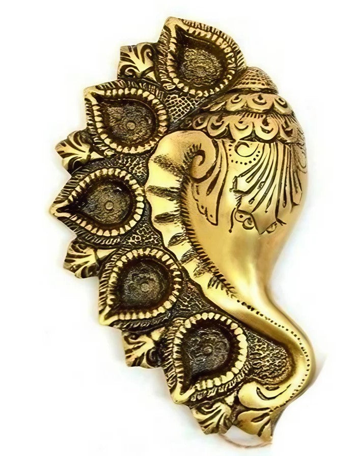 Brass Shank Diya with 5 Diya Fully Carved for Gift Item/Diwali Festival