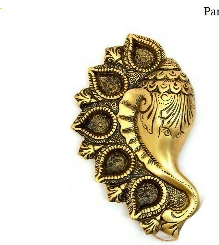 Brass Shank Diya with 5 Diya Fully Carved for Gift Item/Diwali Festival