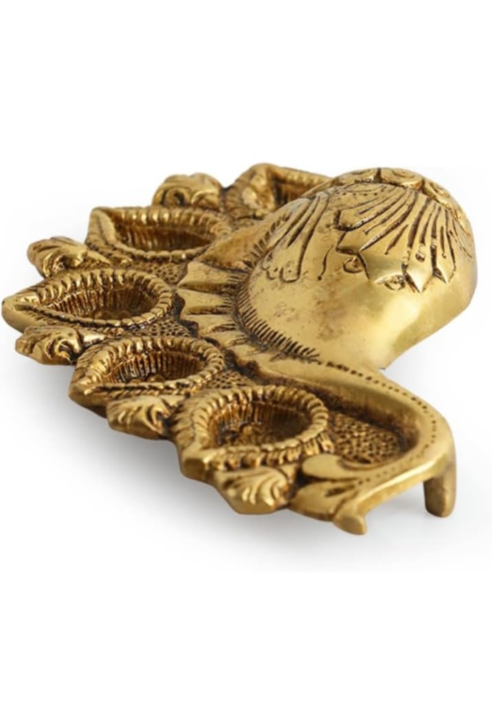 Brass Shank Diya with 5 Diya Fully Carved for Gift Item/Diwali Festival