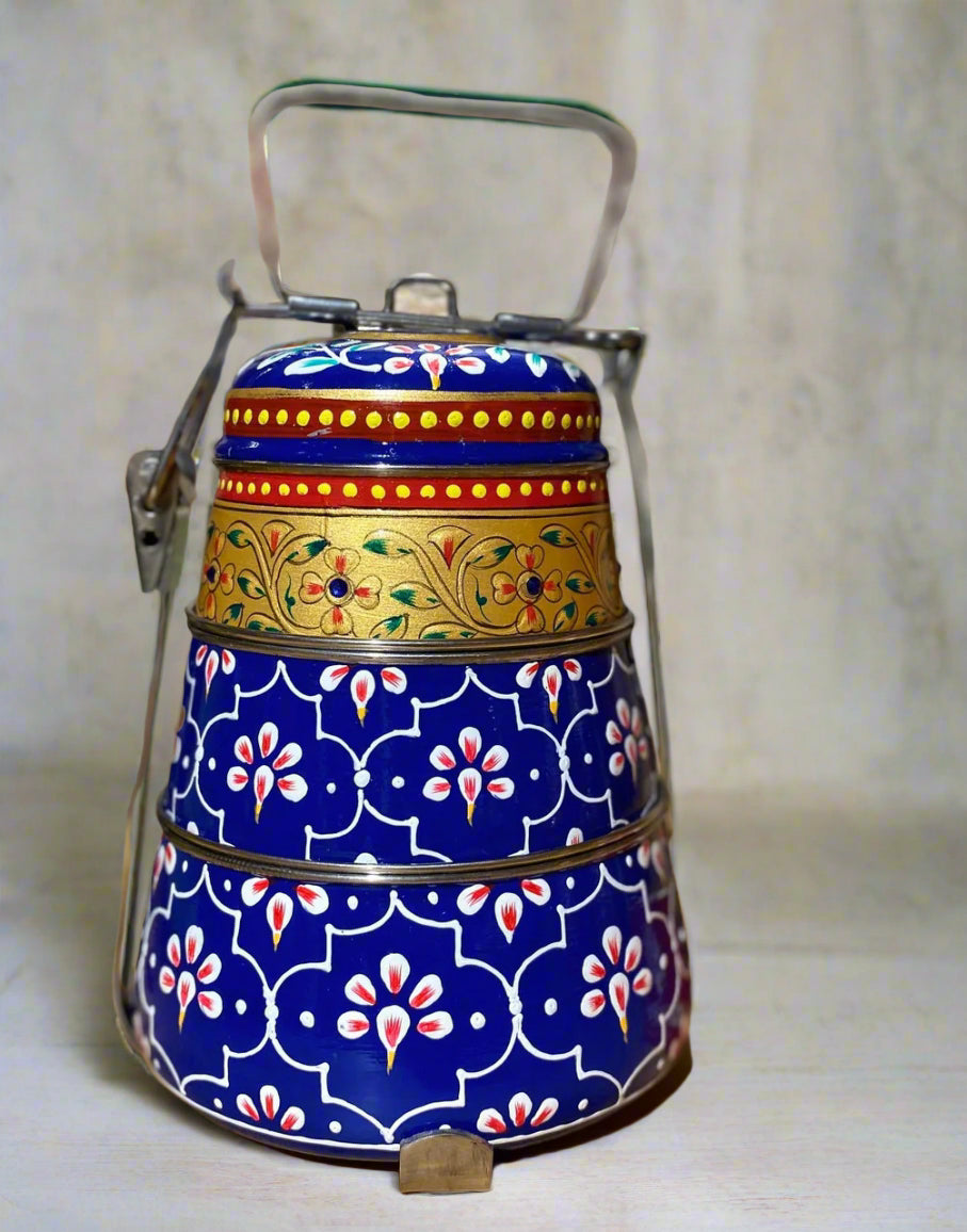 Hand-Painted 3-Tier Stainless Steel Lunch Box – blue and golden Design Eco-Friendly tiffin box 3 tier