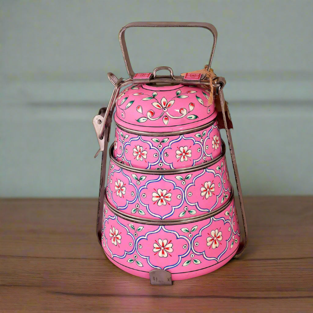 Hand-Painted 3-Tier Stainless Steel Lunch Box – pink Design Eco-Friendly tiffin box 3 tier