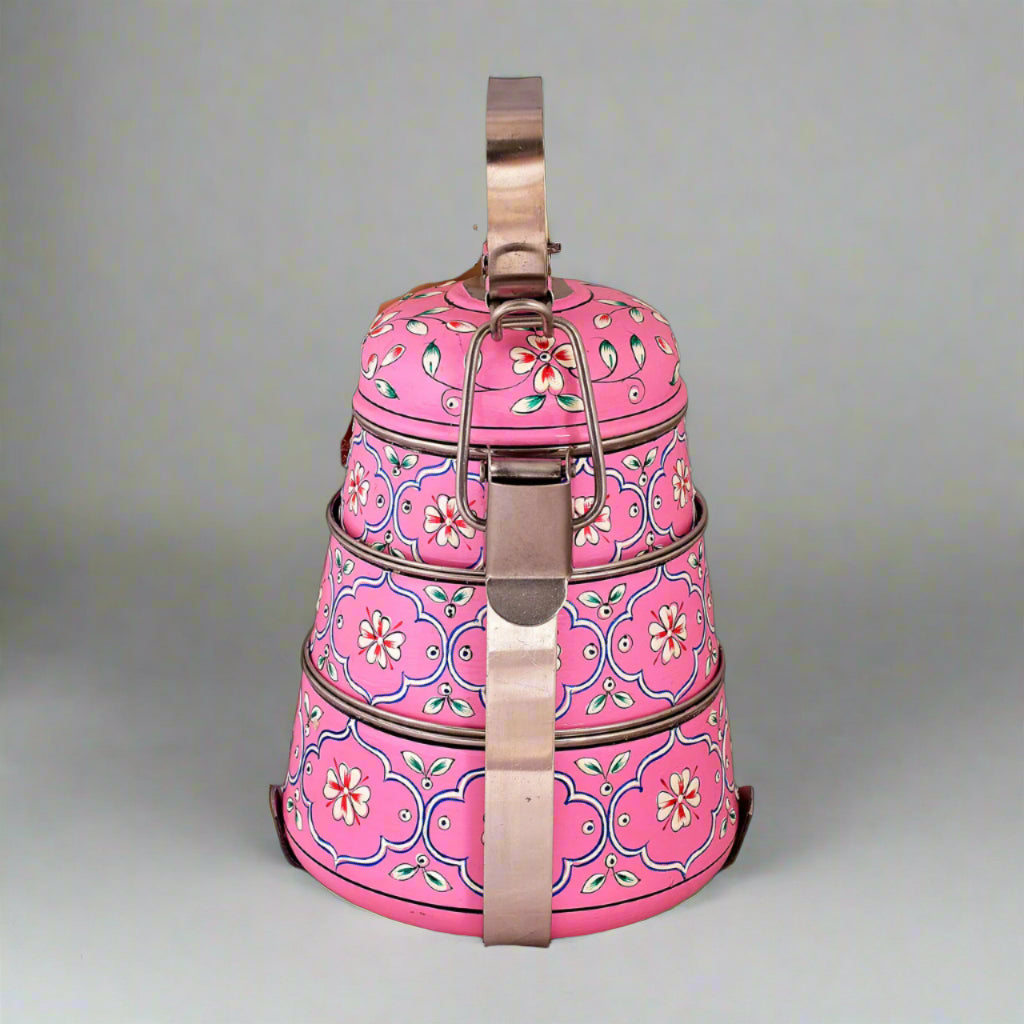 Hand-Painted 3-Tier Stainless Steel Lunch Box – pink Design Eco-Friendly tiffin box 3 tier