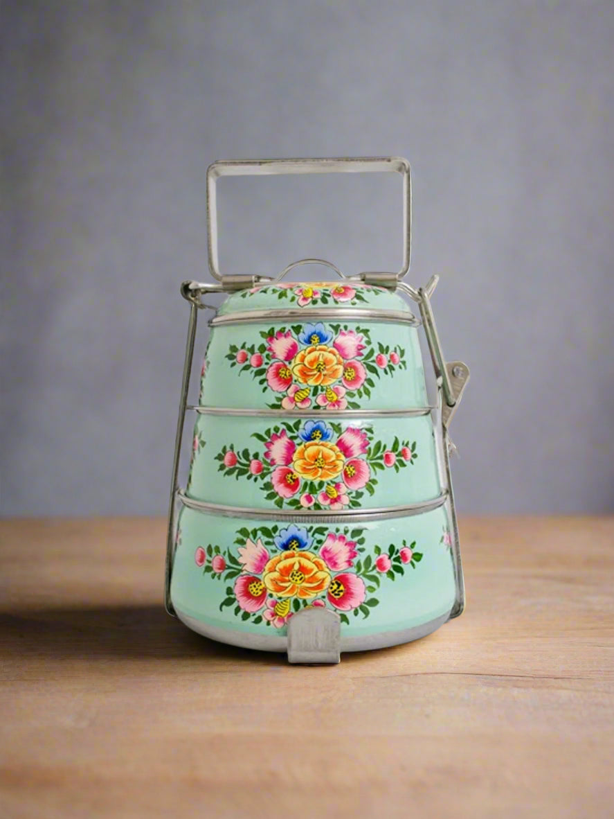 Hand-Painted 3-Tier Stainless Steel Lunch Box – light green Design Eco-Friendly tiffin box 3 tier