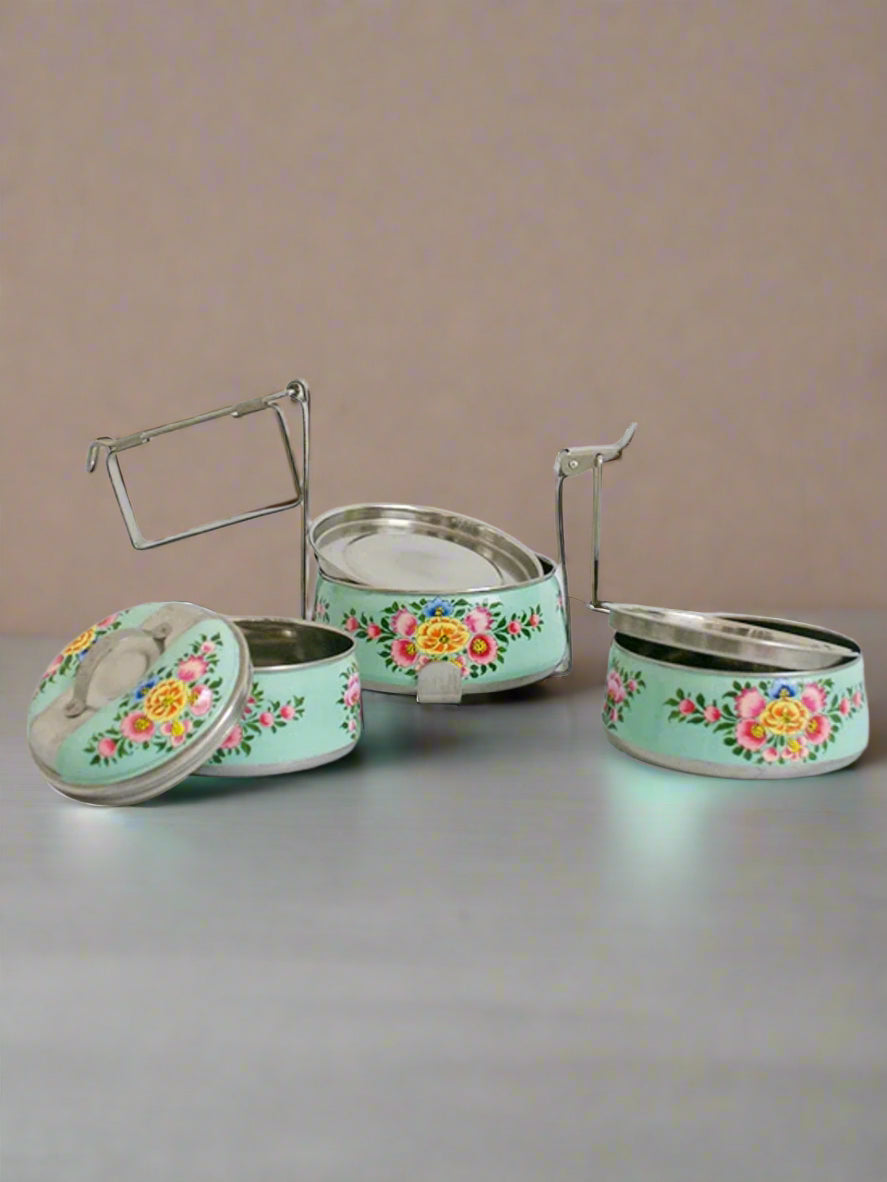Hand-Painted 3-Tier Stainless Steel Lunch Box – light green Design Eco-Friendly tiffin box 3 tier