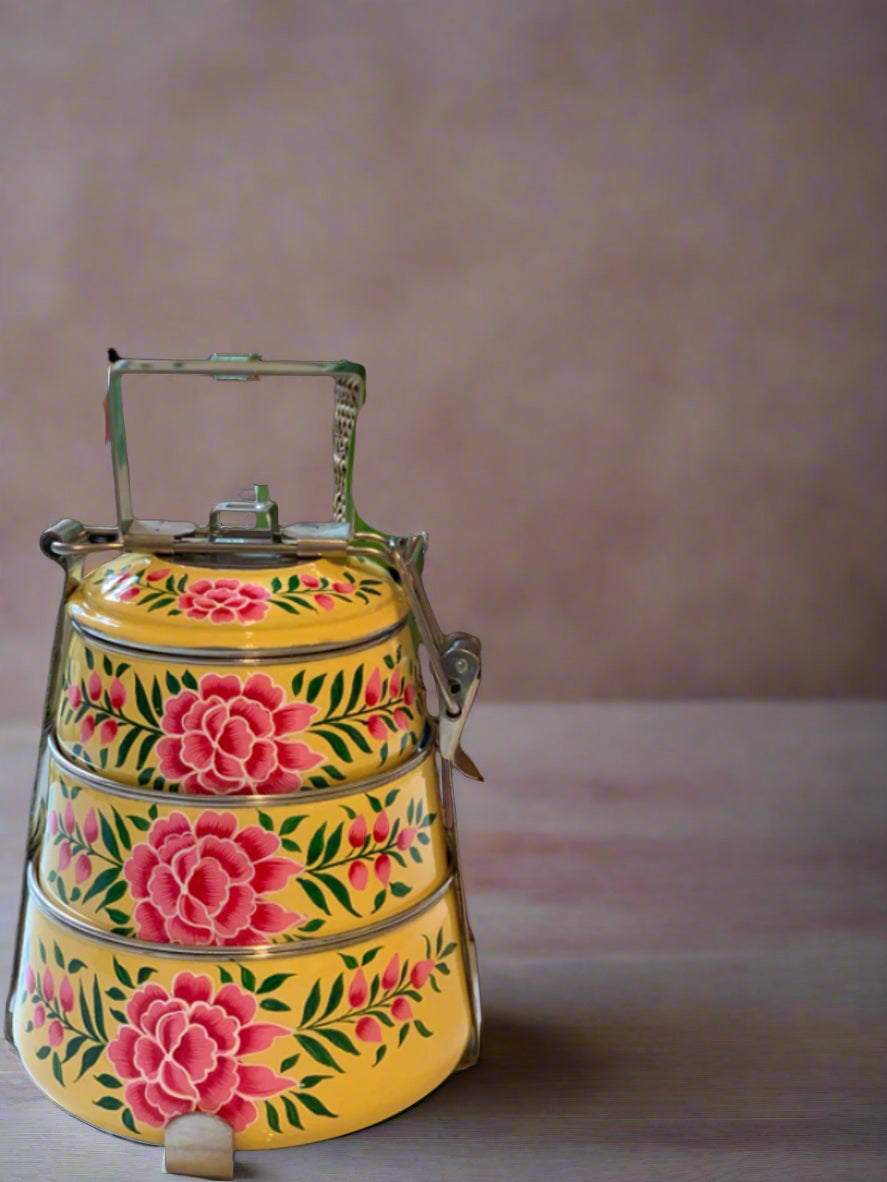 Hand-Painted 3-Tier Stainless Steel Lunch Box – yellow Design Eco-Friendly tiffin box 3 tier