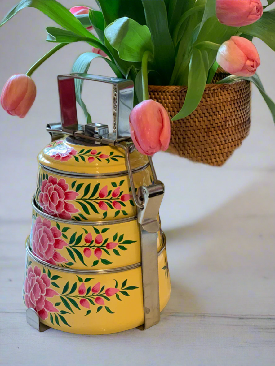 Hand-Painted 3-Tier Stainless Steel Lunch Box – yellow Design Eco-Friendly tiffin box 3 tier
