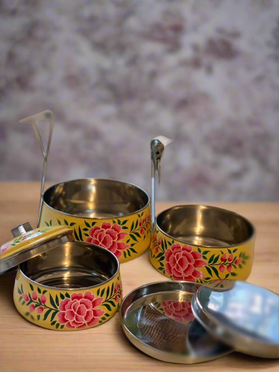 Hand-Painted 3-Tier Stainless Steel Lunch Box – yellow Design Eco-Friendly tiffin box 3 tier