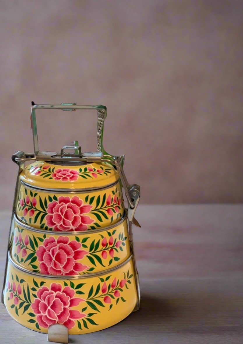 Hand-Painted 3-Tier Stainless Steel Lunch Box – yellow Design Eco-Friendly tiffin box 3 tier