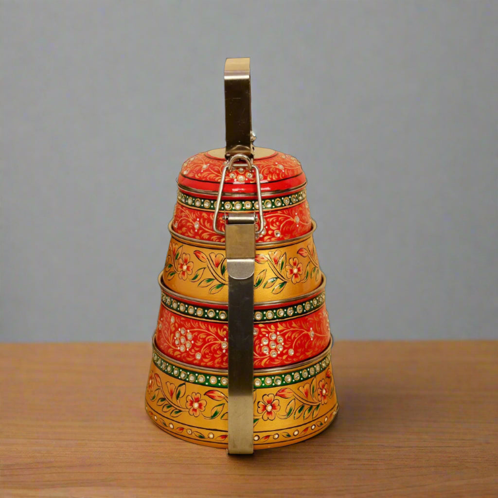 Hand-Painted 4-Tier Stainless Steel Lunch Box – golden  Design Eco-Friendly tiffin box