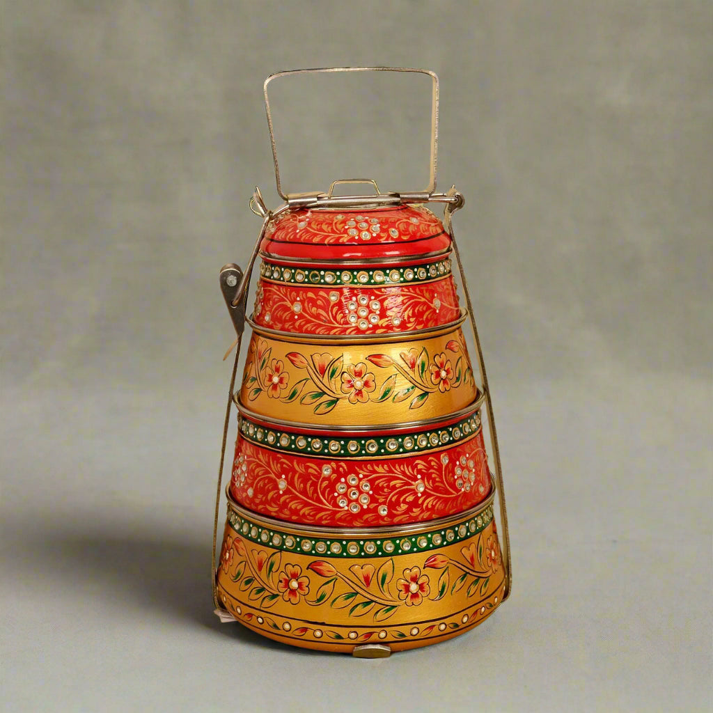 Hand-Painted 4-Tier Stainless Steel Lunch Box – golden  Design Eco-Friendly tiffin box