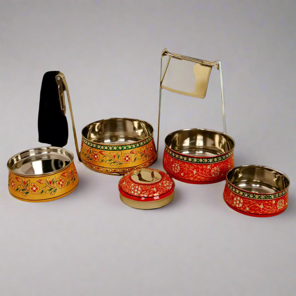 Hand-Painted 4-Tier Stainless Steel Lunch Box – golden  Design Eco-Friendly tiffin box