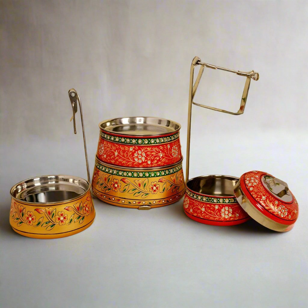Hand-Painted 4-Tier Stainless Steel Lunch Box – golden  Design Eco-Friendly tiffin box