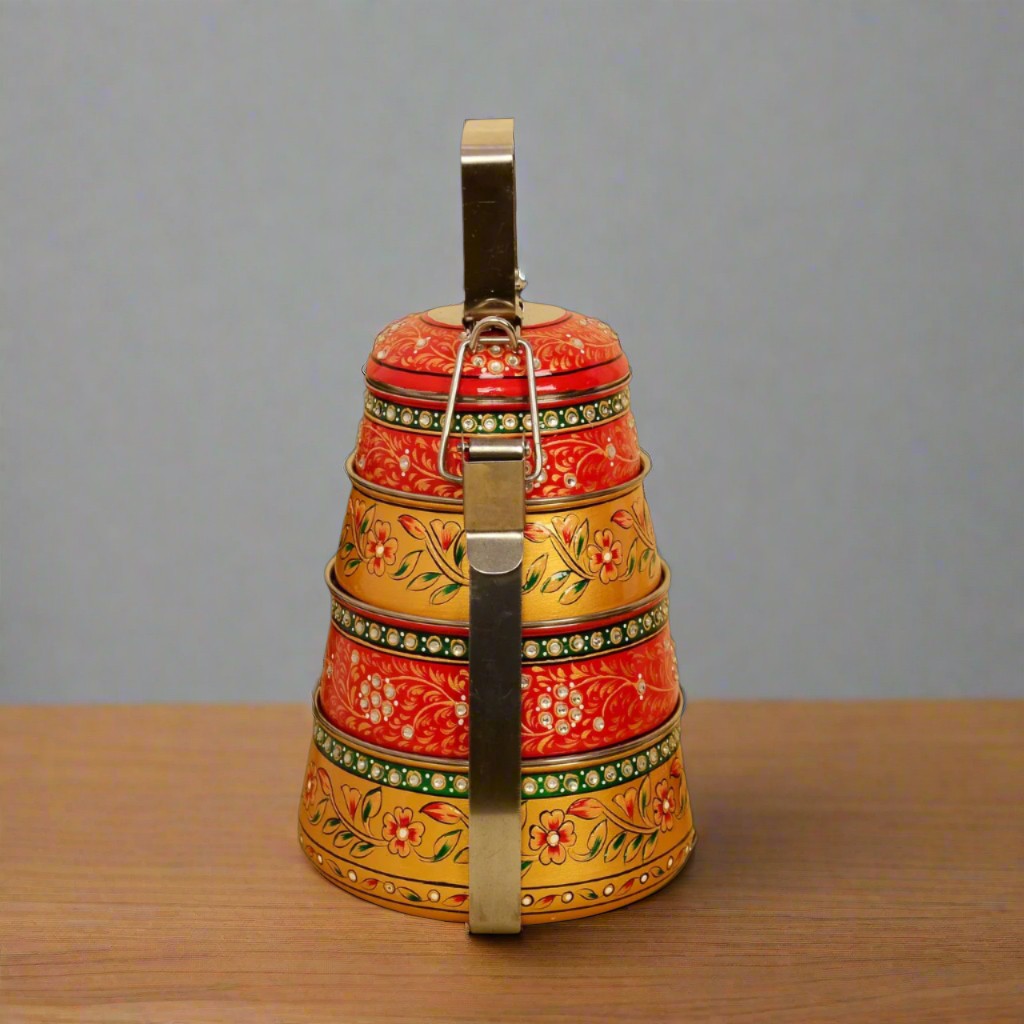 Hand-Painted 4-Tier Stainless Steel Lunch Box – golden  Design Eco-Friendly tiffin box