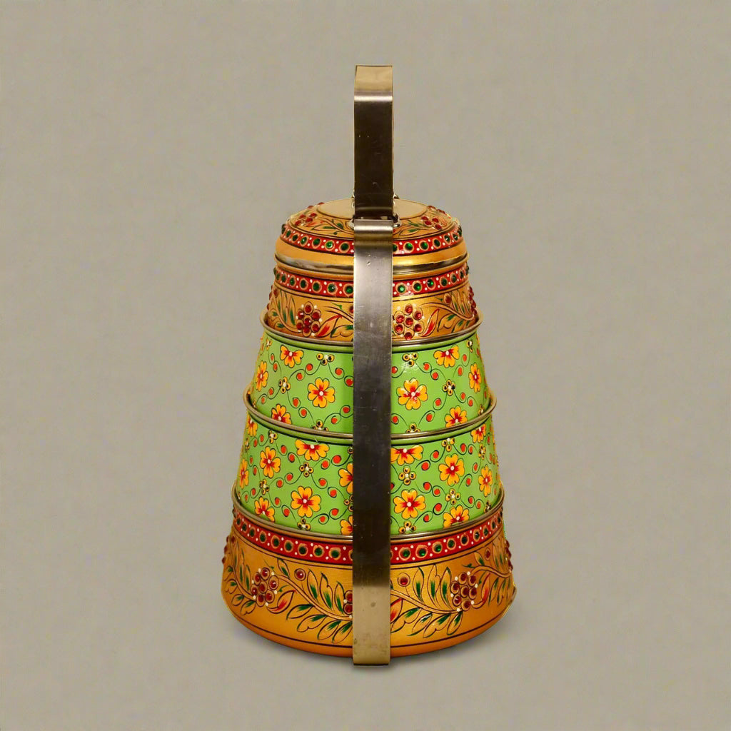 Hand-Painted 4-Tier Stainless Steel Lunch Box – golden and green Design Eco-Friendly tiffin box