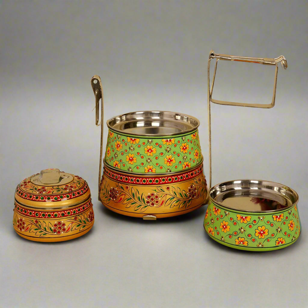 Hand-Painted 4-Tier Stainless Steel Lunch Box – golden and green Design Eco-Friendly tiffin box