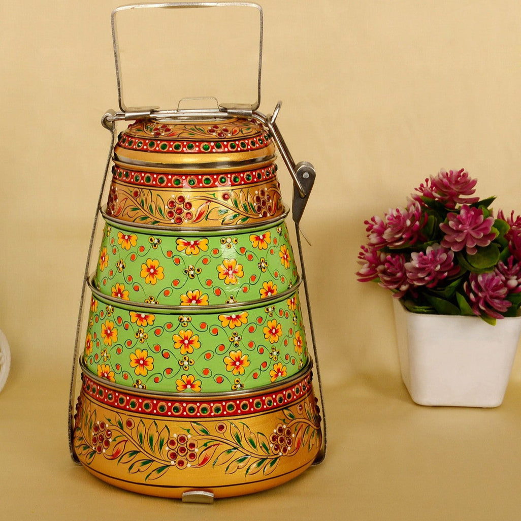 Hand-Painted 4-Tier Stainless Steel Lunch Box – golden and green Design Eco-Friendly tiffin box