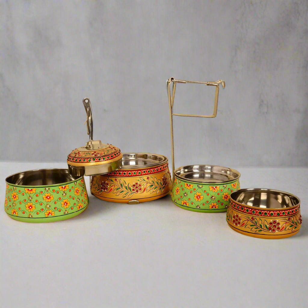 Hand-Painted 4-Tier Stainless Steel Lunch Box – golden and green Design Eco-Friendly tiffin box