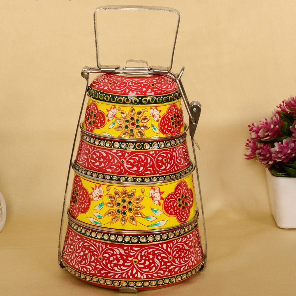 Hand-Painted 4-Tier Stainless Steel Lunch Box – red and yellow Design Eco-Friendly tiffin box