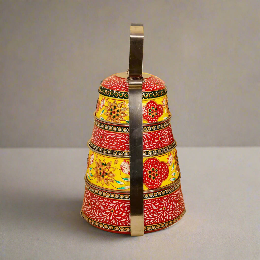 Hand-Painted 4-Tier Stainless Steel Lunch Box – red and yellow Design Eco-Friendly tiffin box