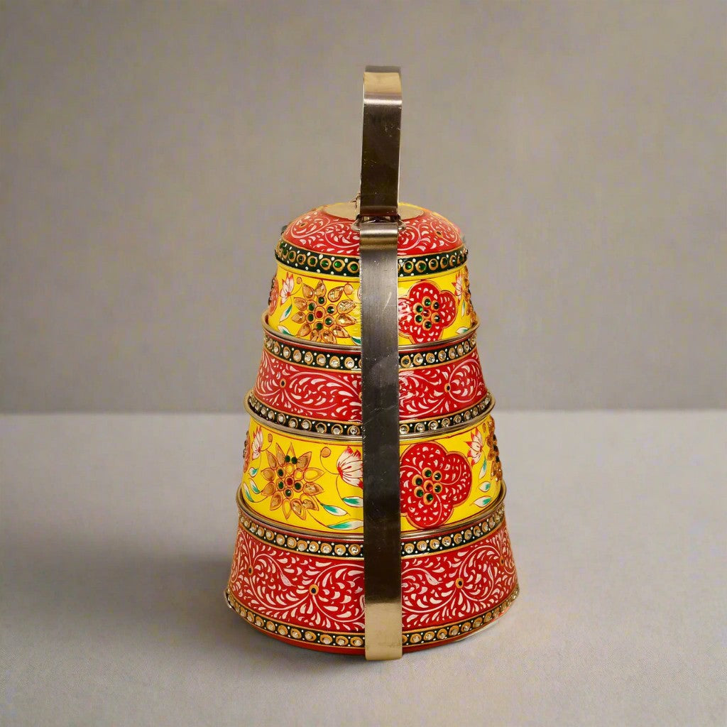 Hand-Painted 4-Tier Stainless Steel Lunch Box – red and yellow Design Eco-Friendly tiffin box