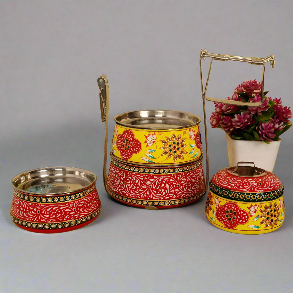 Hand-Painted 4-Tier Stainless Steel Lunch Box – red and yellow Design Eco-Friendly tiffin box
