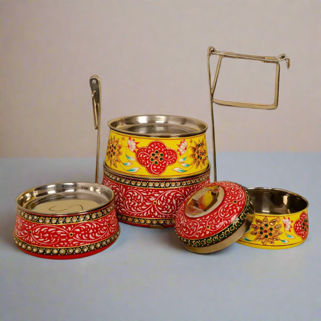 Hand-Painted 4-Tier Stainless Steel Lunch Box – red and yellow Design Eco-Friendly tiffin box