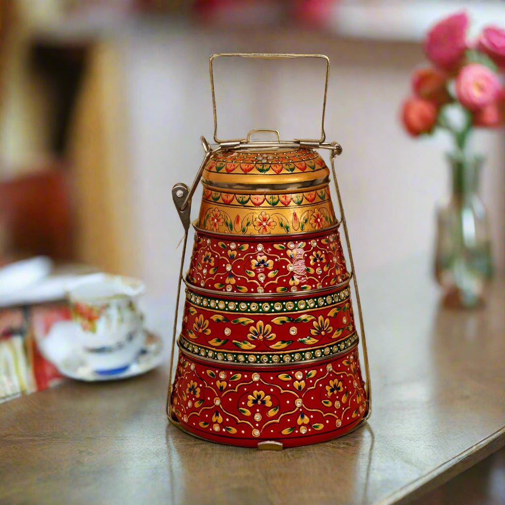 Hand-Painted 4-Tier Stainless Steel Lunch Box – golden and red Design Eco-Friendly tiffin box