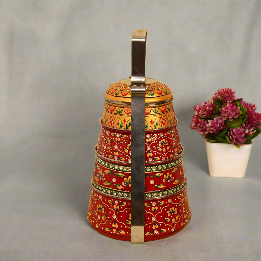 Hand-Painted 4-Tier Stainless Steel Lunch Box – golden and red Design Eco-Friendly tiffin box