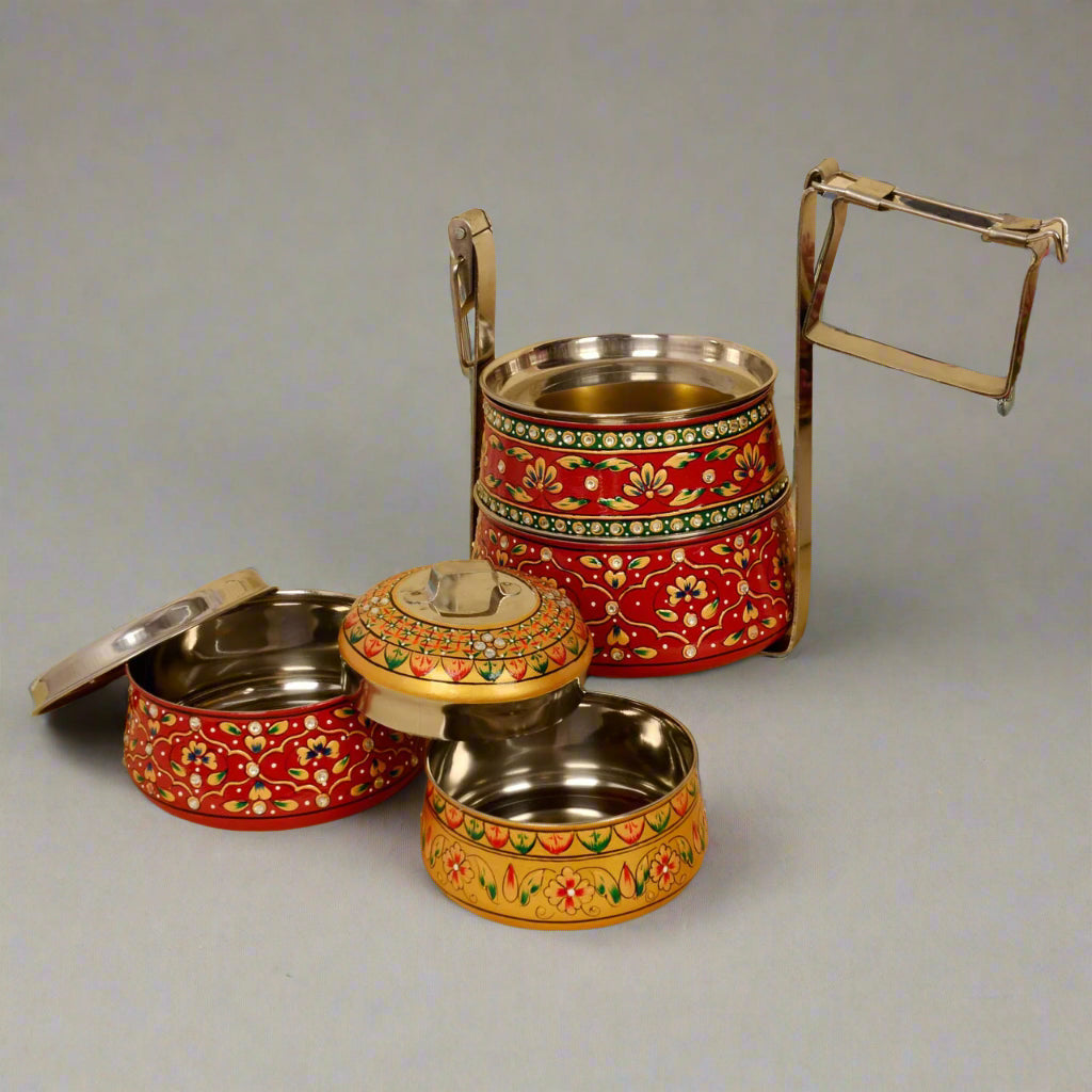 Hand-Painted 4-Tier Stainless Steel Lunch Box – golden and red Design Eco-Friendly tiffin box