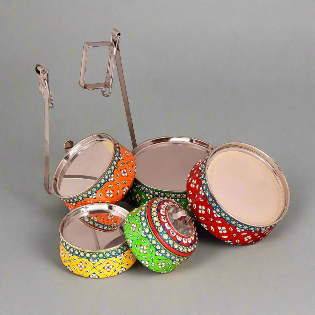 Hand-Painted 5-Tier Stainless Steel Lunch Box – multicolor Design Eco-Friendly tiffin box