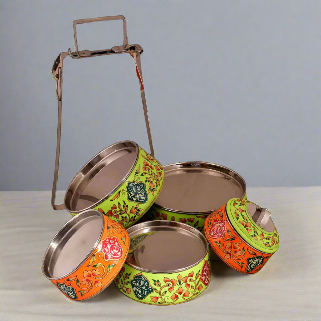 Hand-Painted 5-Tier Stainless Steel Lunch Box – green Design Eco-Friendly tiffin box